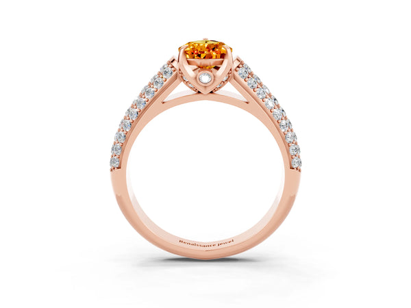 Rose gold Pear Cut Citrine Solitaire Ring with Three-Row Pavé Band and Four-Prong Setting