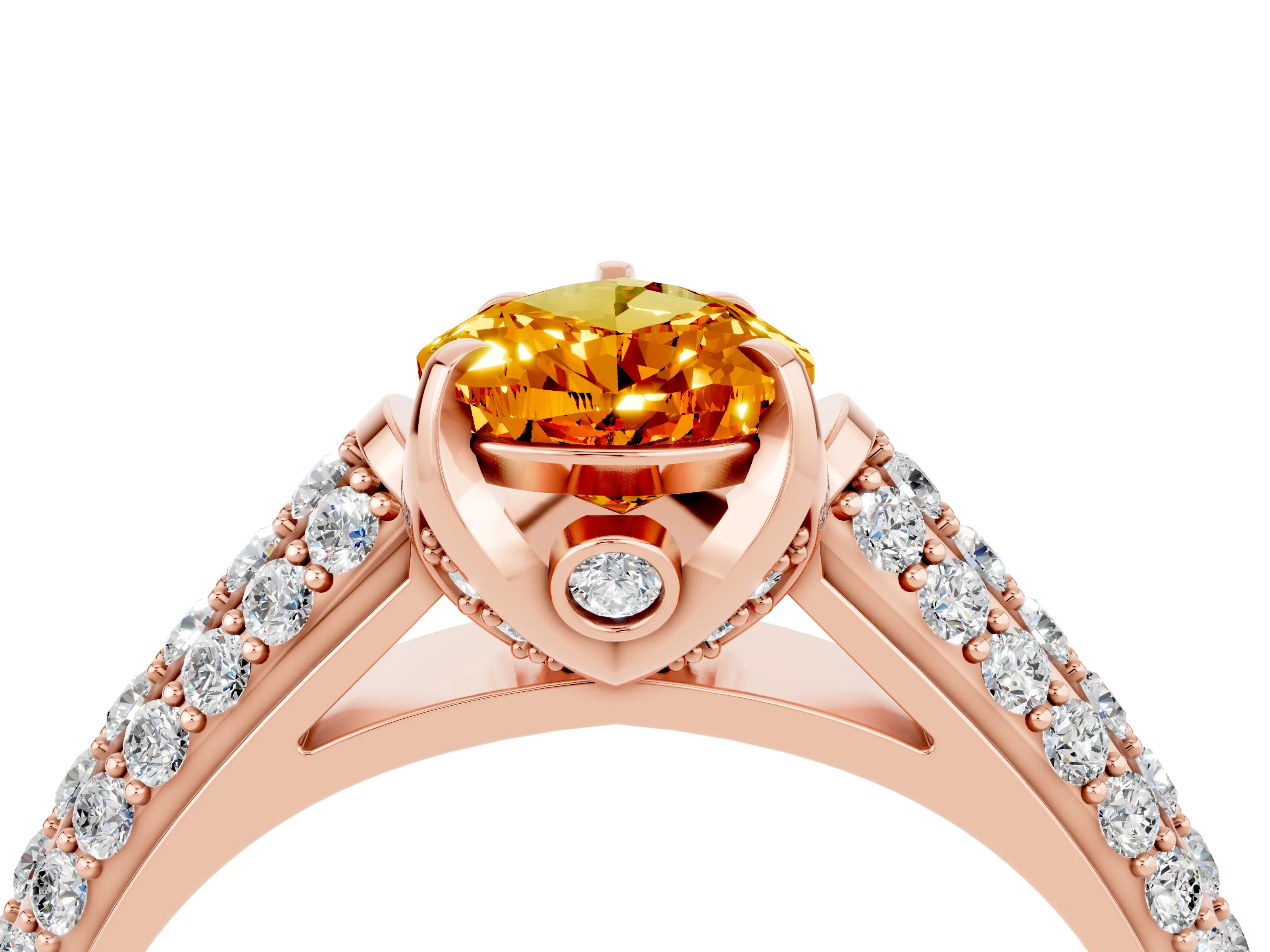 Rose gold Pear Cut Citrine Solitaire Ring with Three-Row Pavé Band and Four-Prong Setting_16