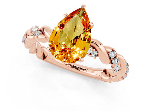 Rose gold Pear Cut Citrine Solitaire Ring with Twisted Band and Pavé Accents_1