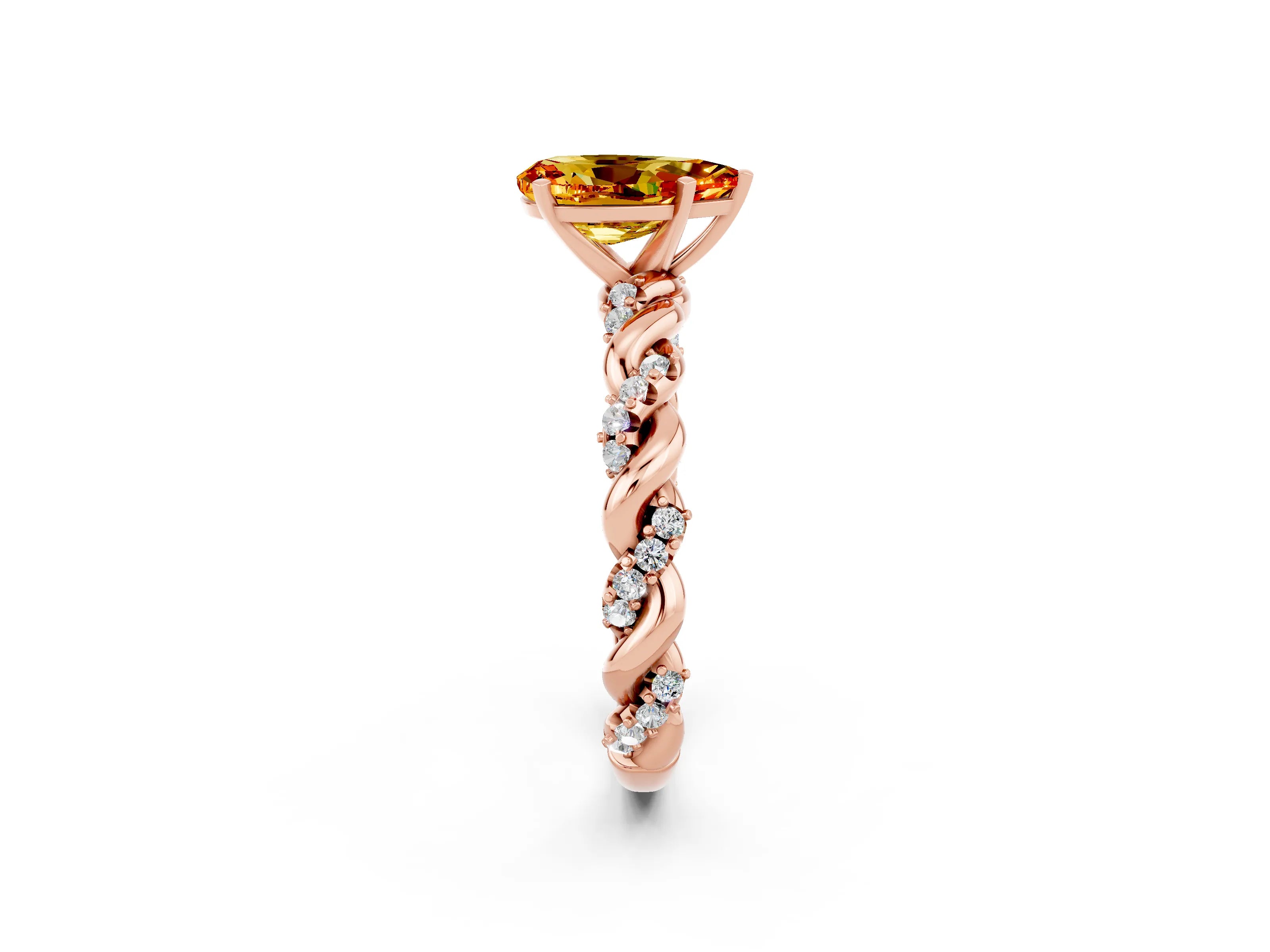 Rose gold Pear Cut Citrine Solitaire Ring with Twisted Band and Pavé Accents_2