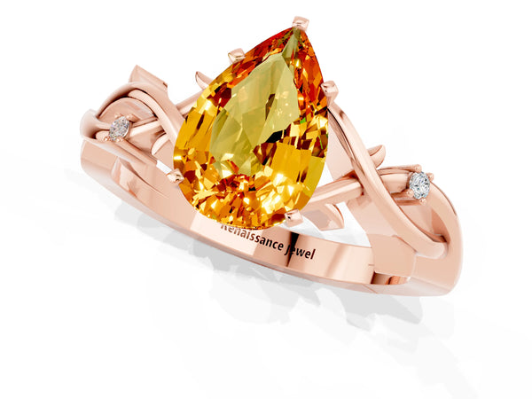 Rose gold Pear Cut Citrine Solitaire Ring with Twisted Band and Prong Setting
