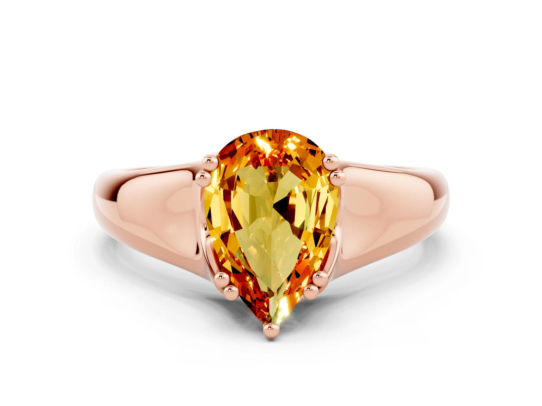 Rose gold Pear Cut Citrine Solitaire Ring with Wide Band and Prong Setting