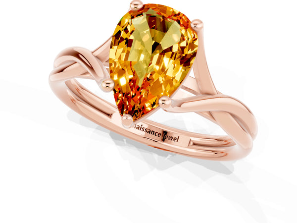 Rose gold Pear Cut Citrine Solitaire Twist Band Prong Setting Ring