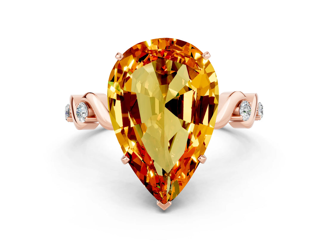 Rose gold Pear Cut Citrine Solitaire Twisted Band with Round  Accents and Prong Setting_12