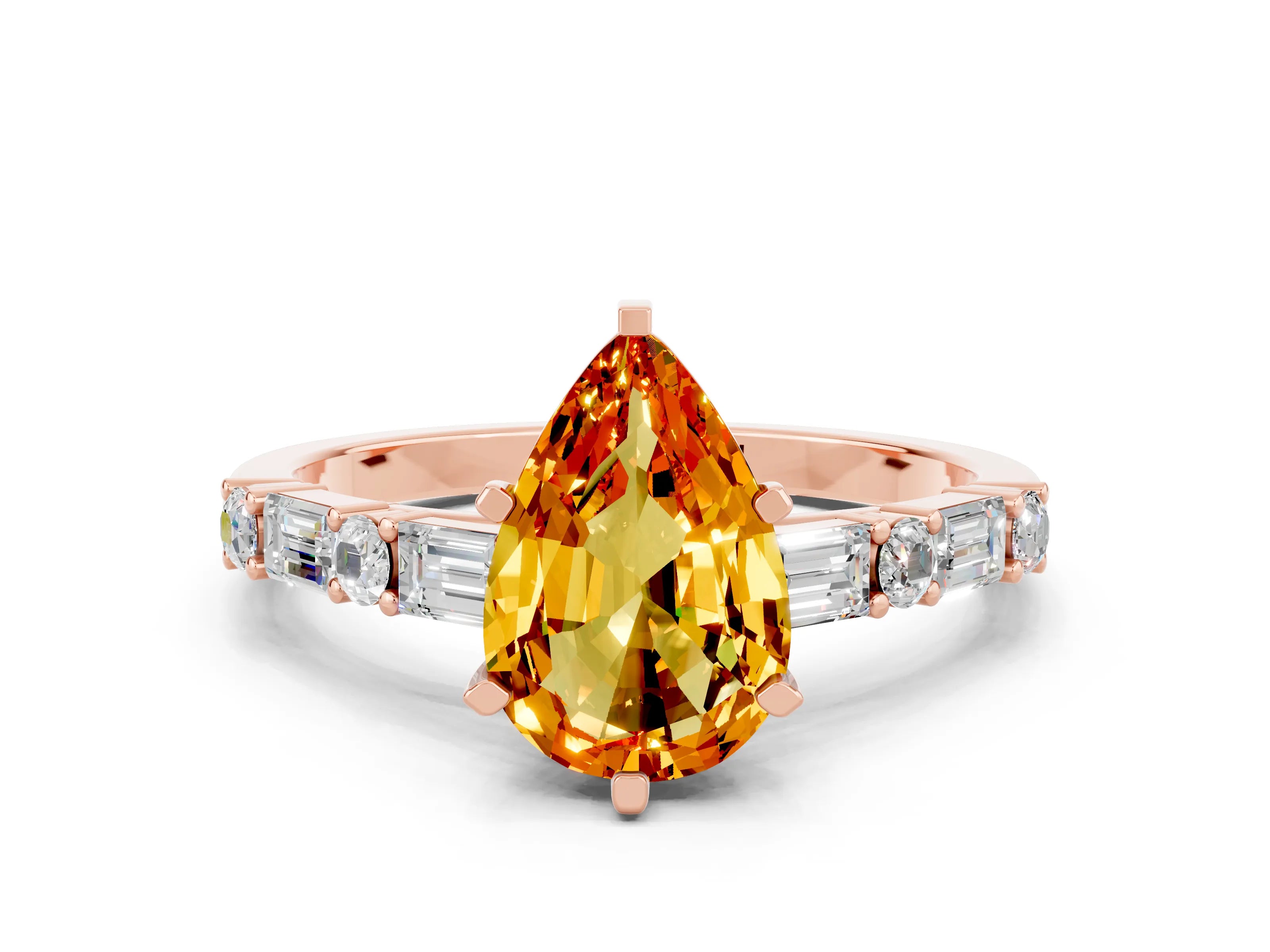 Rose gold Pear Cut Citrine Solitaire with Side Baguettes and Channel Set Band