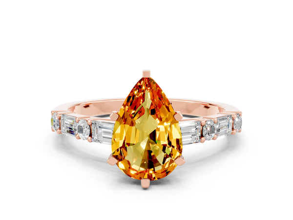 Rose gold Pear Cut Citrine Solitaire with Side Baguettes and Channel Set Band