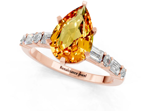 Rose gold Pear Cut Citrine Solitaire with Side Baguettes and Channel Set Band_1