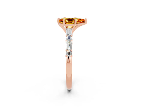Rose gold Pear Cut Citrine Solitaire with Side Baguettes and Channel Set Band_2