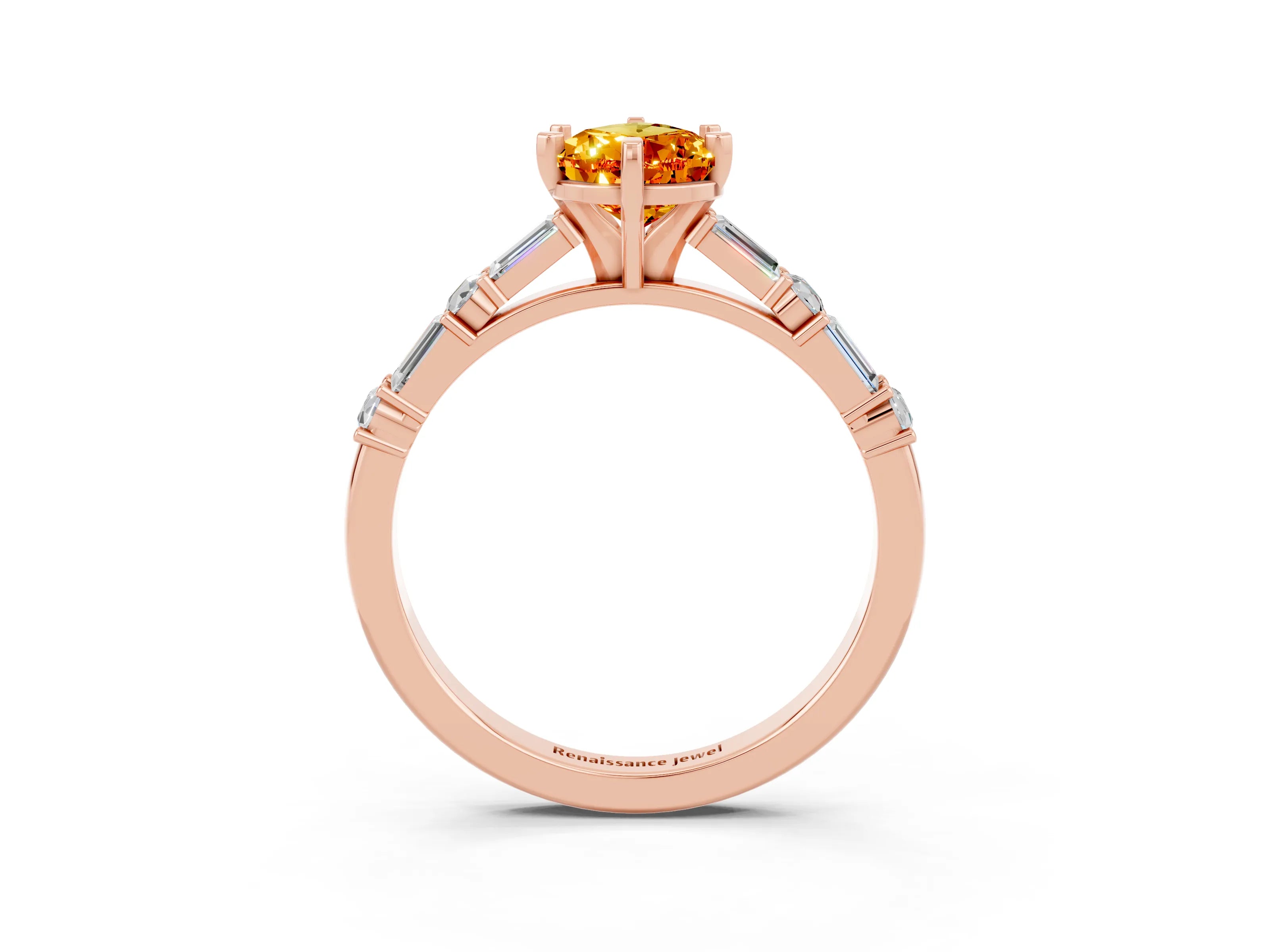 Rose gold Pear Cut Citrine Solitaire with Side Baguettes and Channel Set Band_3