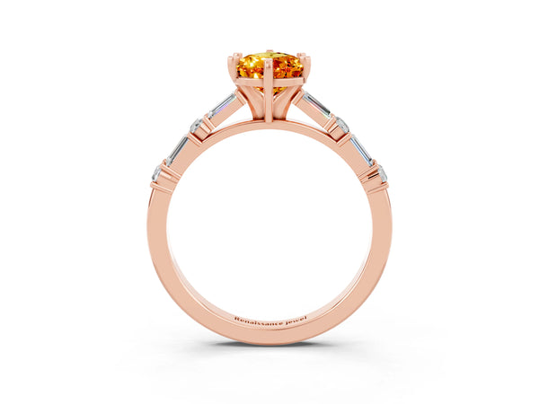 Rose gold Pear Cut Citrine Solitaire with Side Baguettes and Channel Set Band