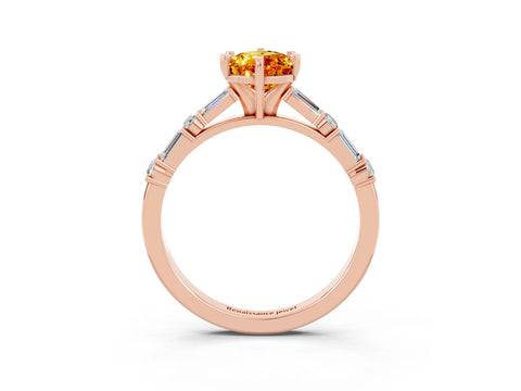 Rose gold Pear Cut Citrine Solitaire with Side Baguettes and Channel Set Band_3