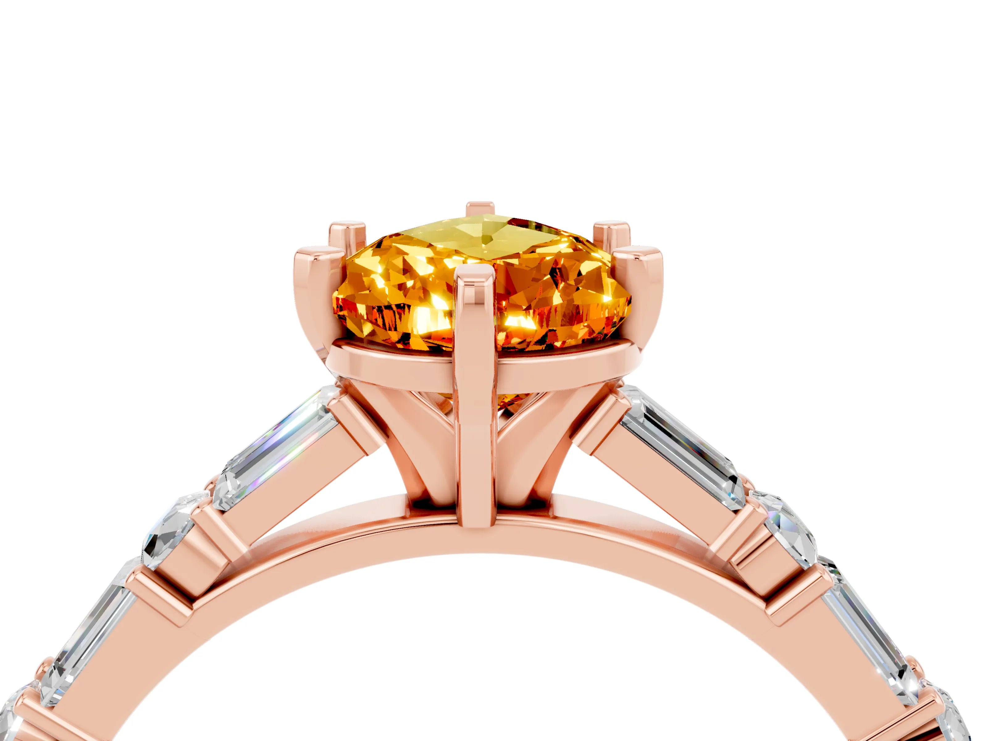 Rose gold Pear Cut Citrine Solitaire with Side Baguettes and Channel Set Band_4
