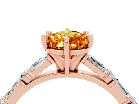 Rose gold Pear Cut Citrine Solitaire with Side Baguettes and Channel Set Band_4
