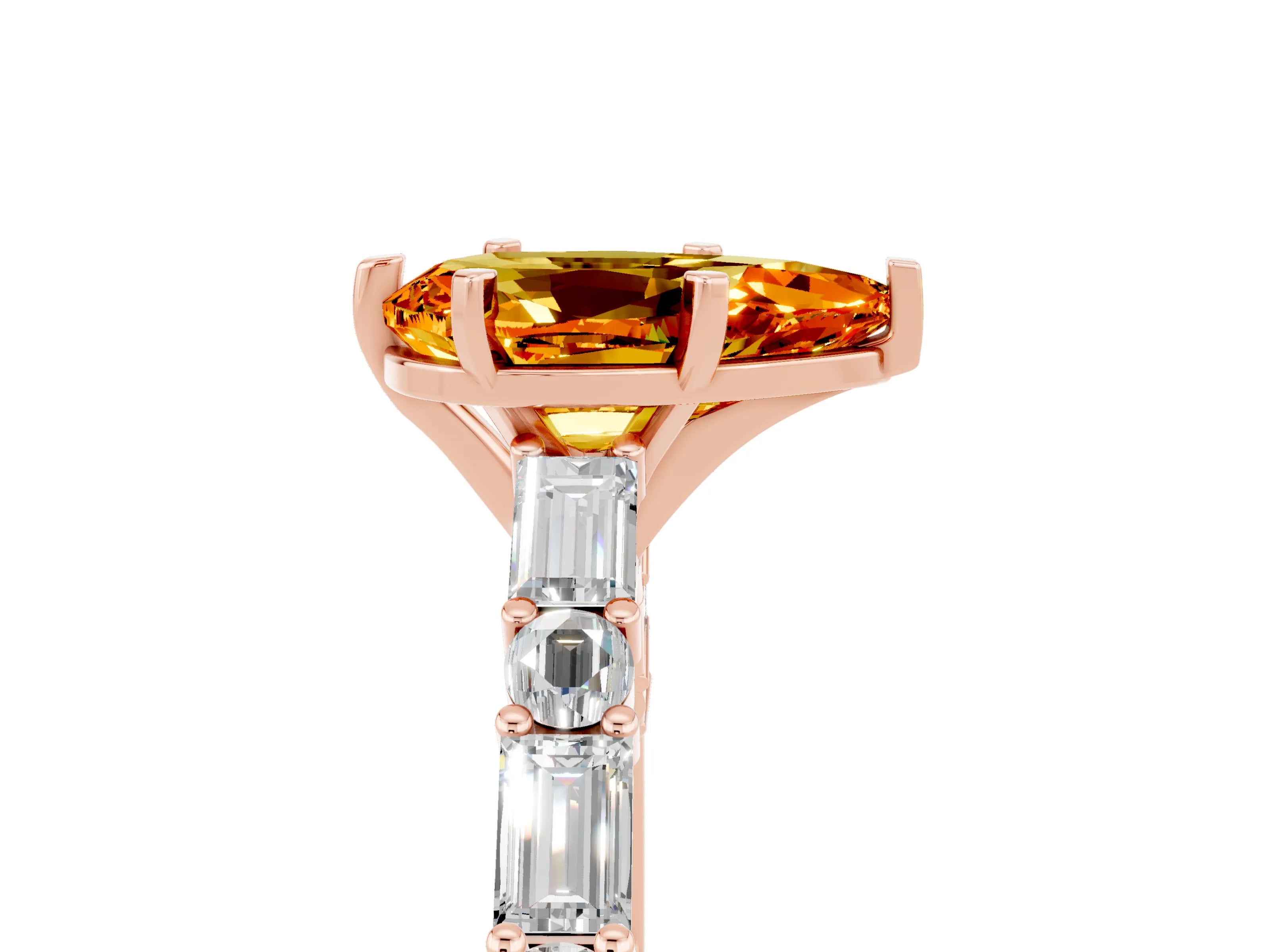 Rose gold Pear Cut Citrine Solitaire with Side Baguettes and Channel Set Band_5
