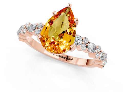 Rose gold Pear Cut Citrine Solitaire with Side Stones, Pave Band, Four-Prong Setting_37