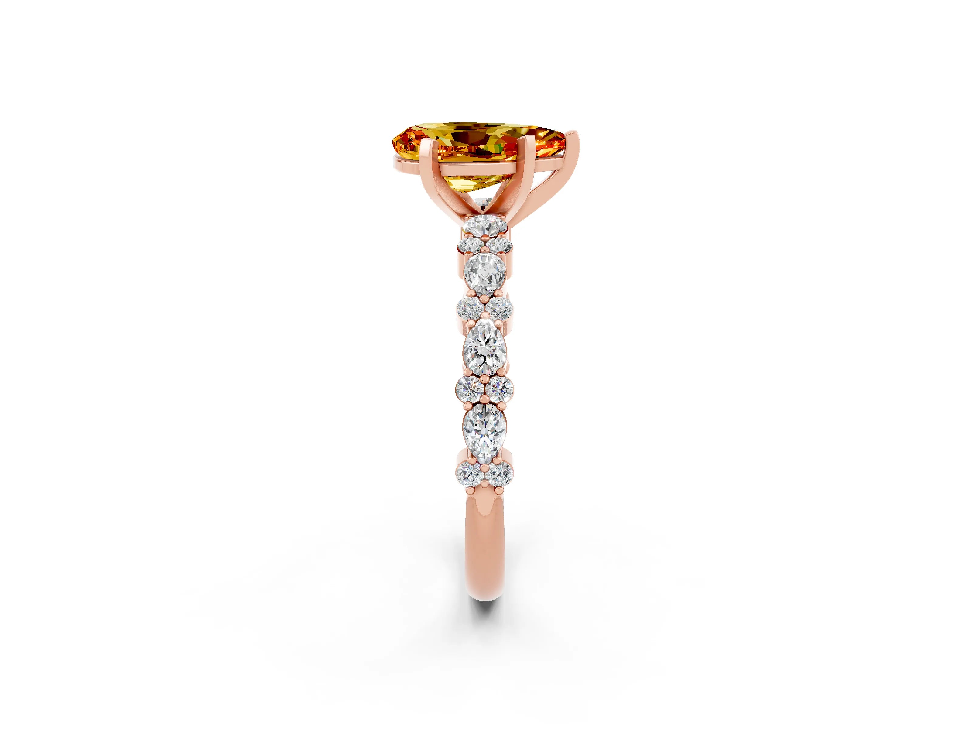 Rose gold Pear Cut Citrine Solitaire with Side Stones, Pave Band, Four-Prong Setting_38