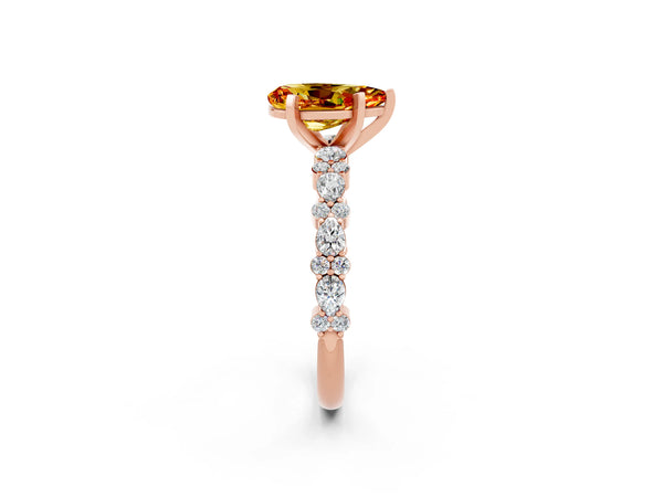 Rose gold Pear Cut Citrine Side Stone Solitaire Ring with Round  and Four-Prong Setting