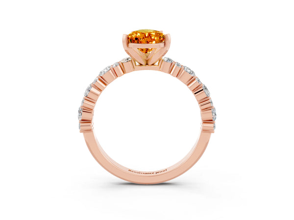 Rose gold Pear Cut Citrine Side Stone Solitaire Ring with Round  and Four-Prong Setting
