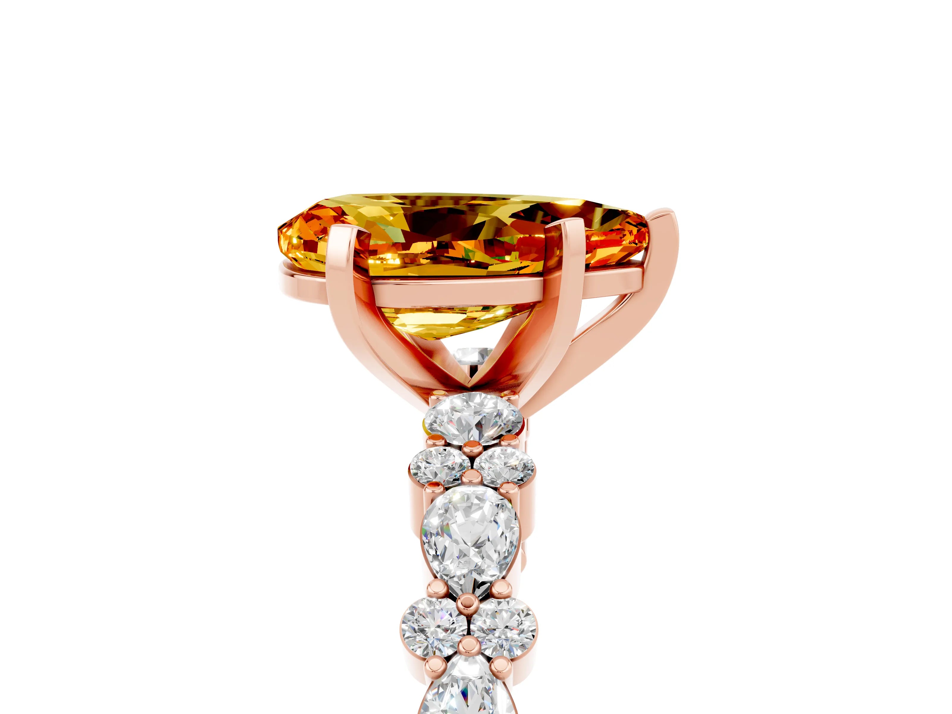 Rose gold Pear Cut Citrine Solitaire with Side Stones, Pave Band, Four-Prong Setting_41