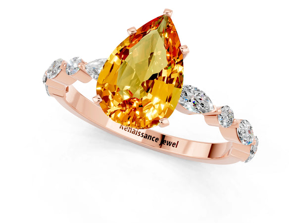 Rose gold Pear Cut Citrine Ring with Marquise and Round  Side Stones and Four-Prong Setting