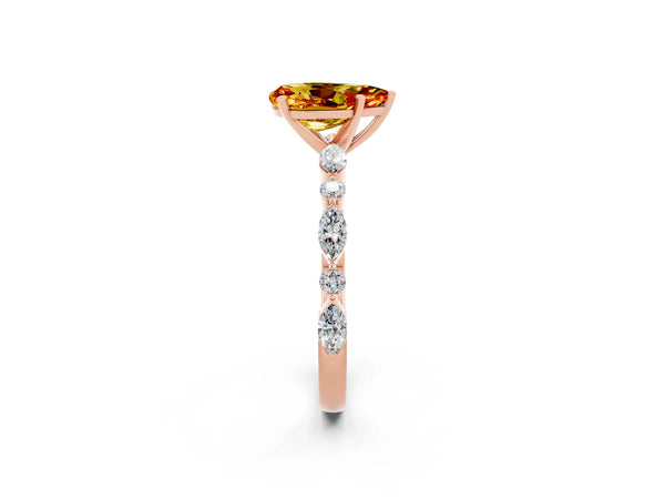 Rose gold Pear Cut Citrine Ring with Marquise and Round  Side Stones and Four-Prong Setting