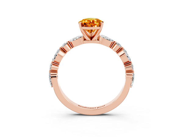 Rose gold Pear Cut Citrine Ring with Marquise and Round  Side Stones and Four-Prong Setting