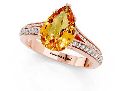 Rose gold Pear Cut Citrine Split Shank Engagement Ring with Pavé Band_1