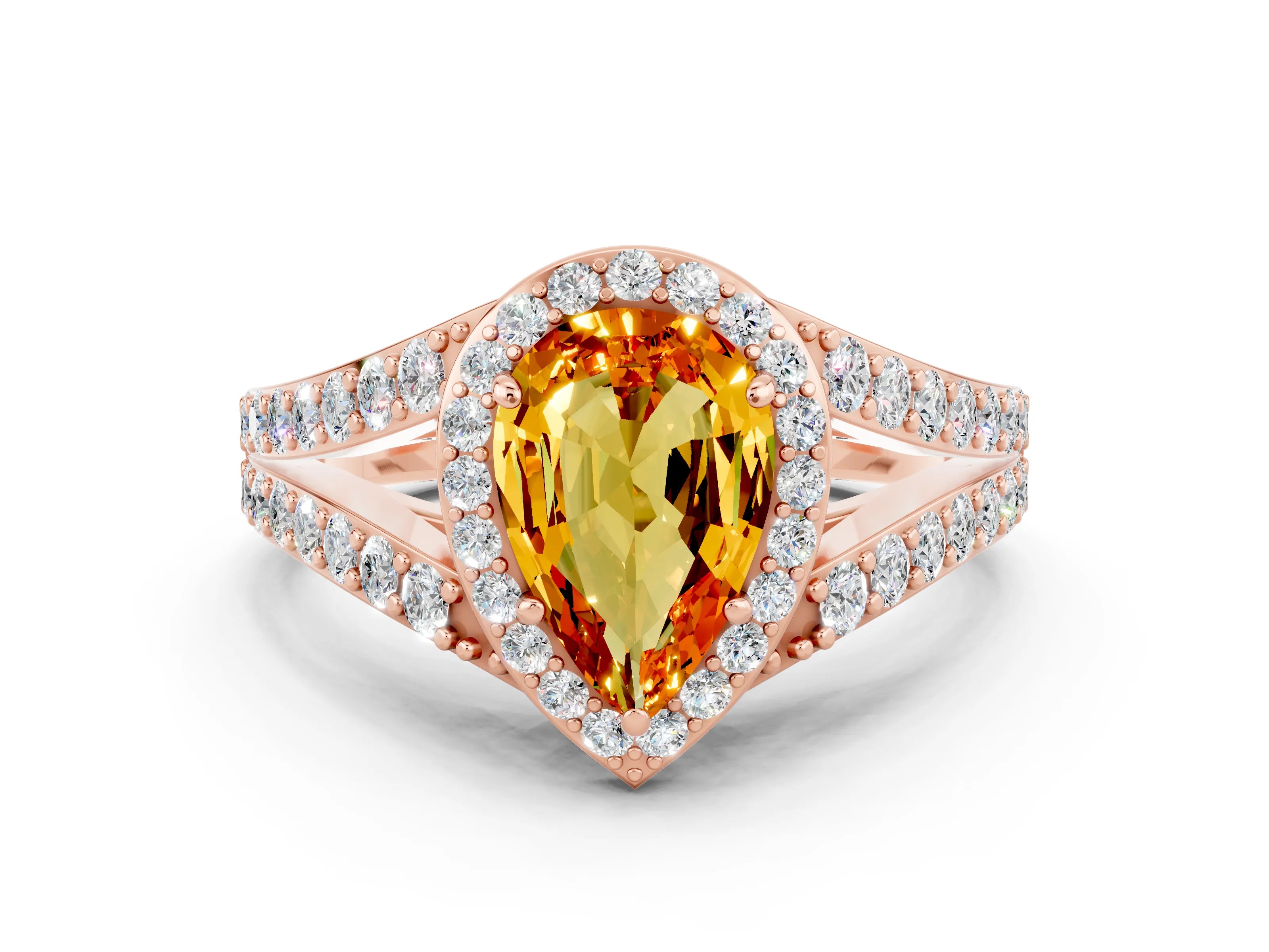 Rose gold Pear Cut Citrine Split Shank Halo Ring with Four-Prong Setting_12