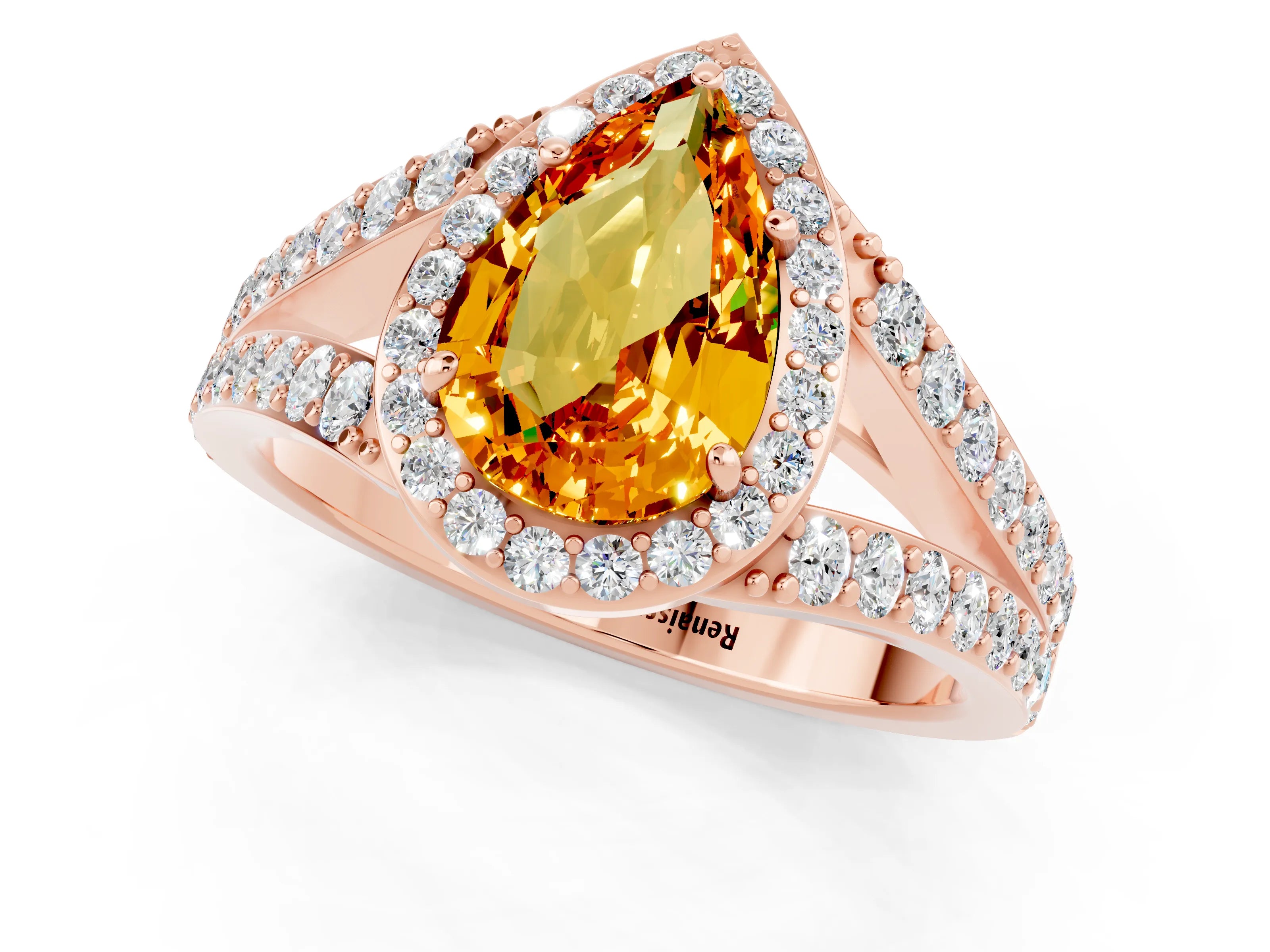 Rose gold Pear Cut Citrine Split Shank Halo Ring with Four-Prong Setting_13