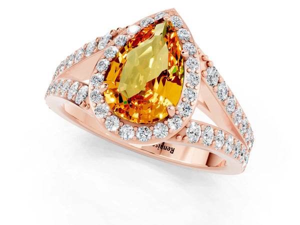 Rose gold Pear Cut Citrine Split Shank Halo Ring with Four-Prong Setting