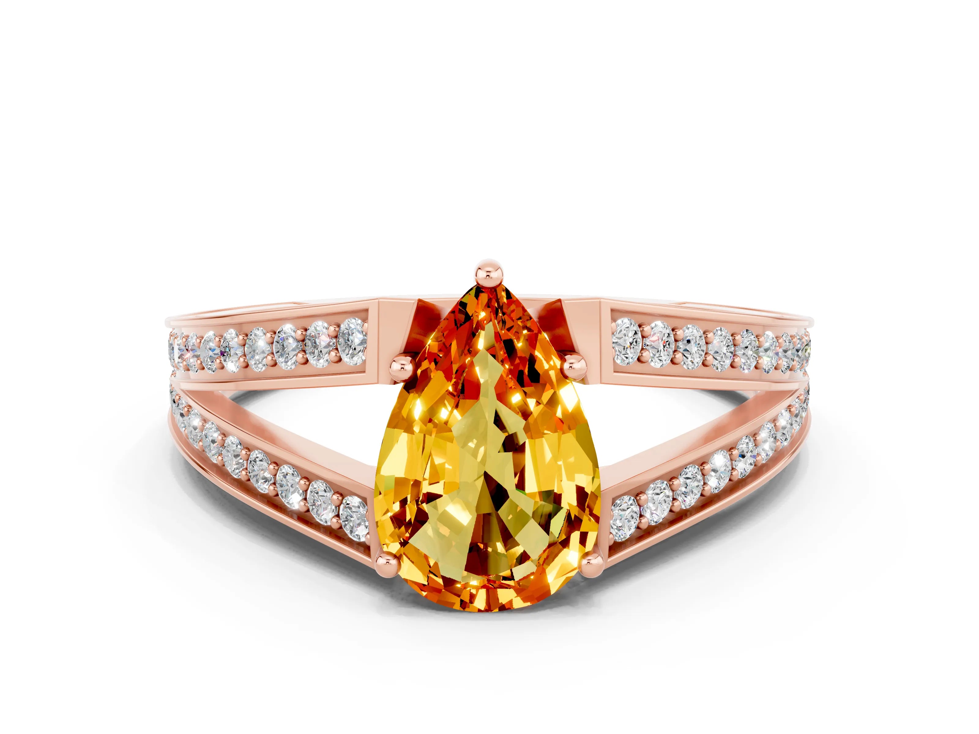 Rose gold Pear Cut Citrine Split Shank Ring with Pavé Band and Four-Prong Setting