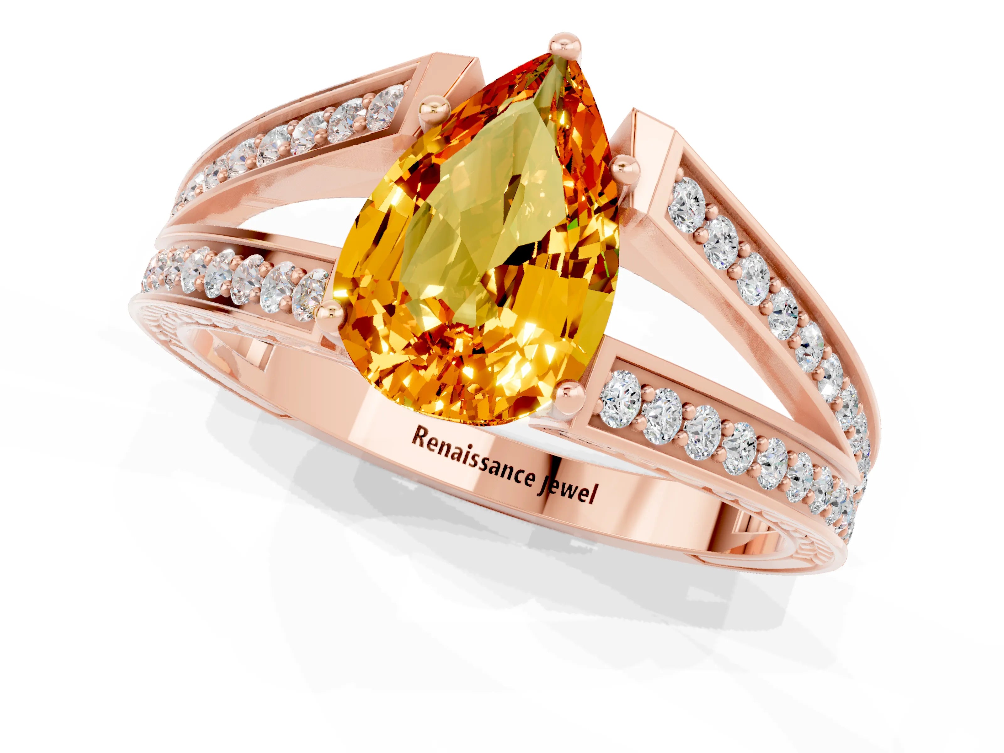 Rose gold Pear Cut Citrine Split Shank Ring with Pavé Band and Four-Prong Setting_1