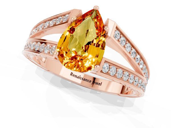 Rose gold Pear Cut Citrine Split Shank Ring with Pavé Band and Four-Prong Setting