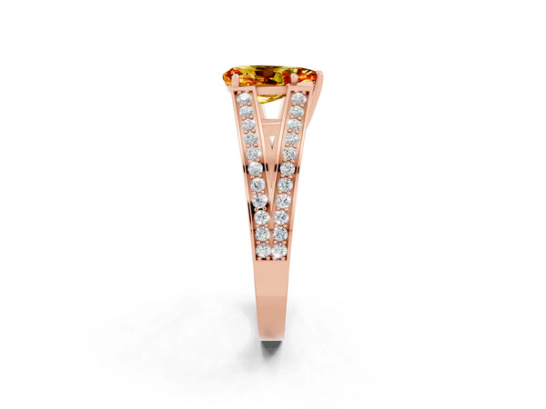 Rose gold Pear Cut Citrine Split Shank Ring with Pavé Band and Four-Prong Setting