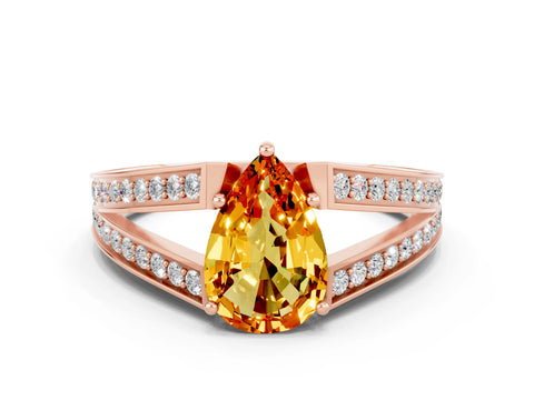 Rose gold Pear Cut Citrine Split Shank Ring with Pavé Band and Four-Prong Setting