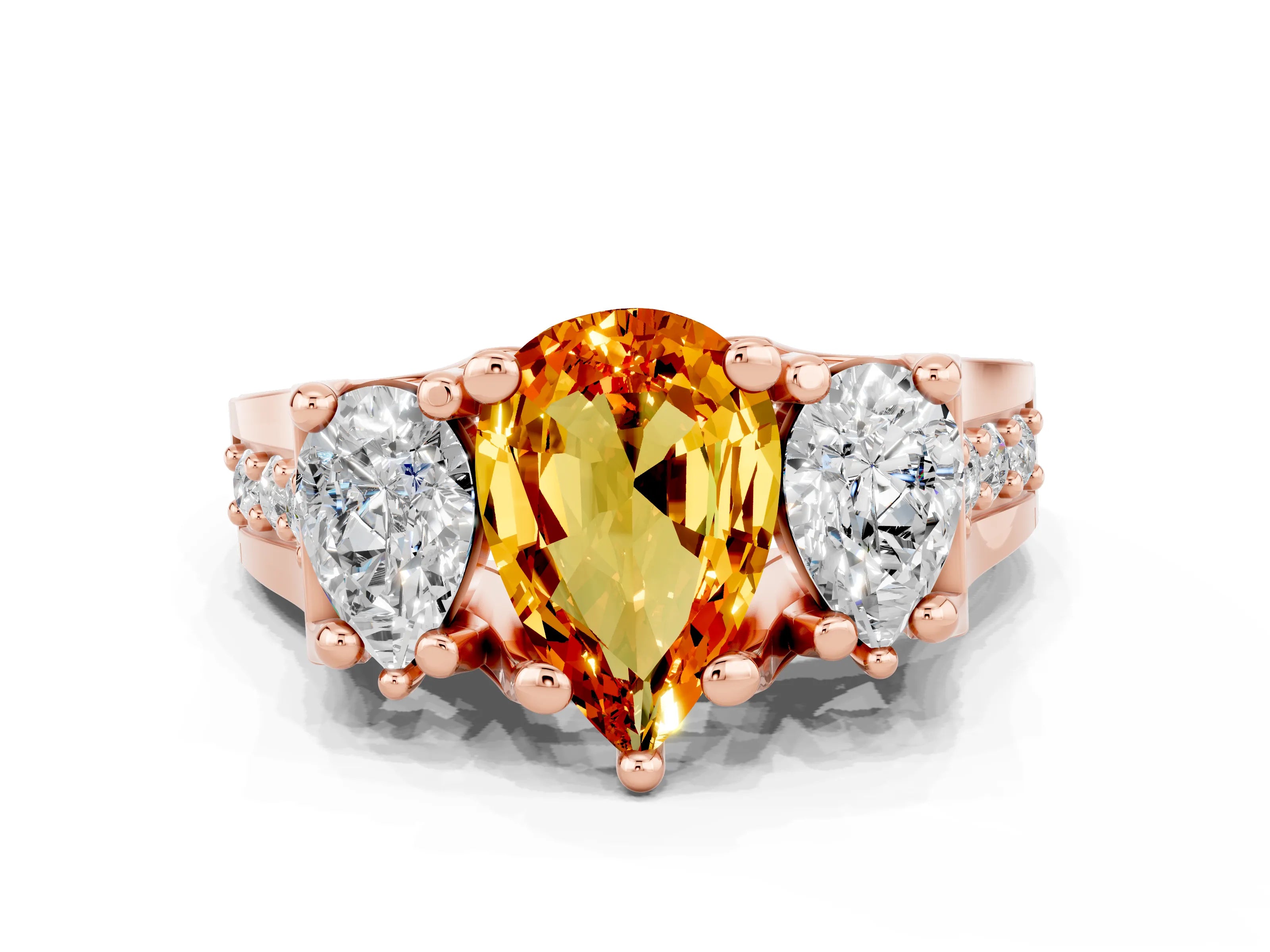 Rose gold Pear Cut Citrine Three-Stone Ring with Channel Set Band and Four-Prong Setting