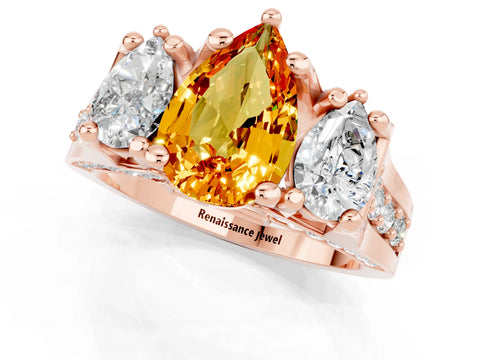 Rose gold Pear Cut Citrine Three-Stone Ring with Channel Set Band and Four-Prong Setting_1