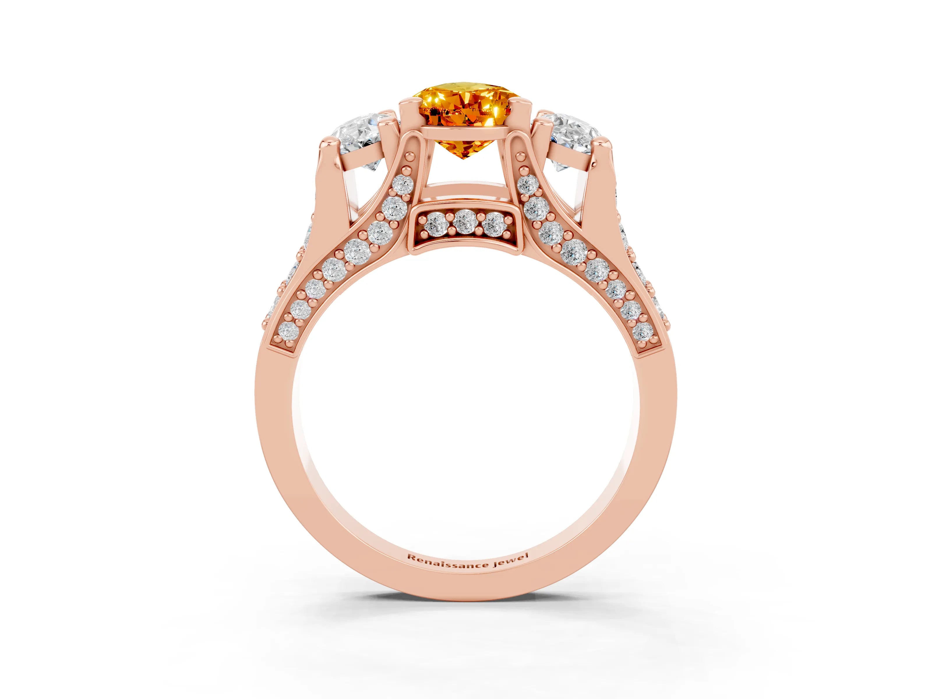 Rose gold Pear Cut Citrine Three-Stone Ring with Channel Set Band and Four-Prong Setting_3