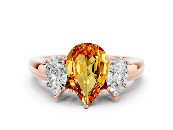 Rose gold Pear Cut Citrine Three-Stone Ring with Four-Prong Setting and Classic Band
