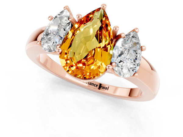 Rose gold Pear Cut Citrine Three-Stone Ring with Four-Prong Setting and Classic Band