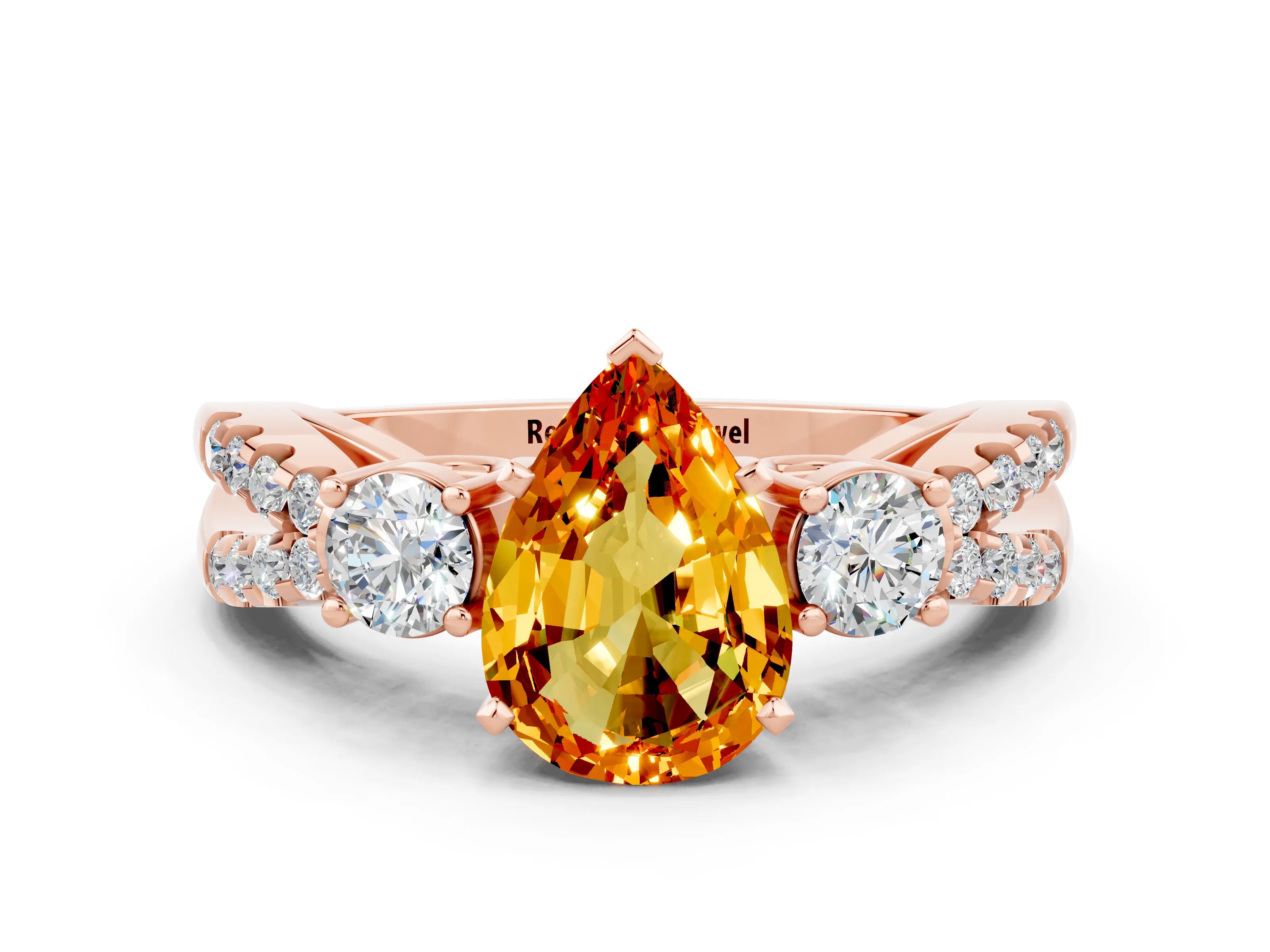 Rose gold Pear Cut Citrine Three-Stone Ring with Pavé Split Shank and Four-Prong Setting_12