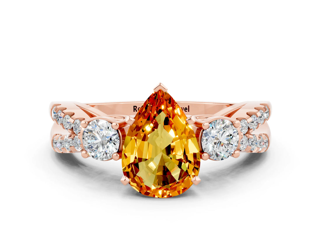 Rose gold Pear Cut Citrine Three-Stone Ring with Pavé Split Shank and Four-Prong Setting_12