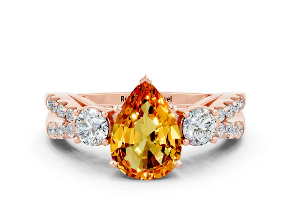 Rose gold Pear Cut Citrine Three-Stone Ring with Pavé Split Shank and Four-Prong Setting
