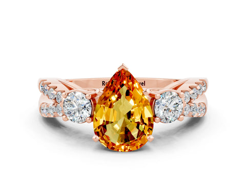 Rose gold Pear Cut Citrine Three-Stone Ring with Pavé Split Shank and Four-Prong Setting_12