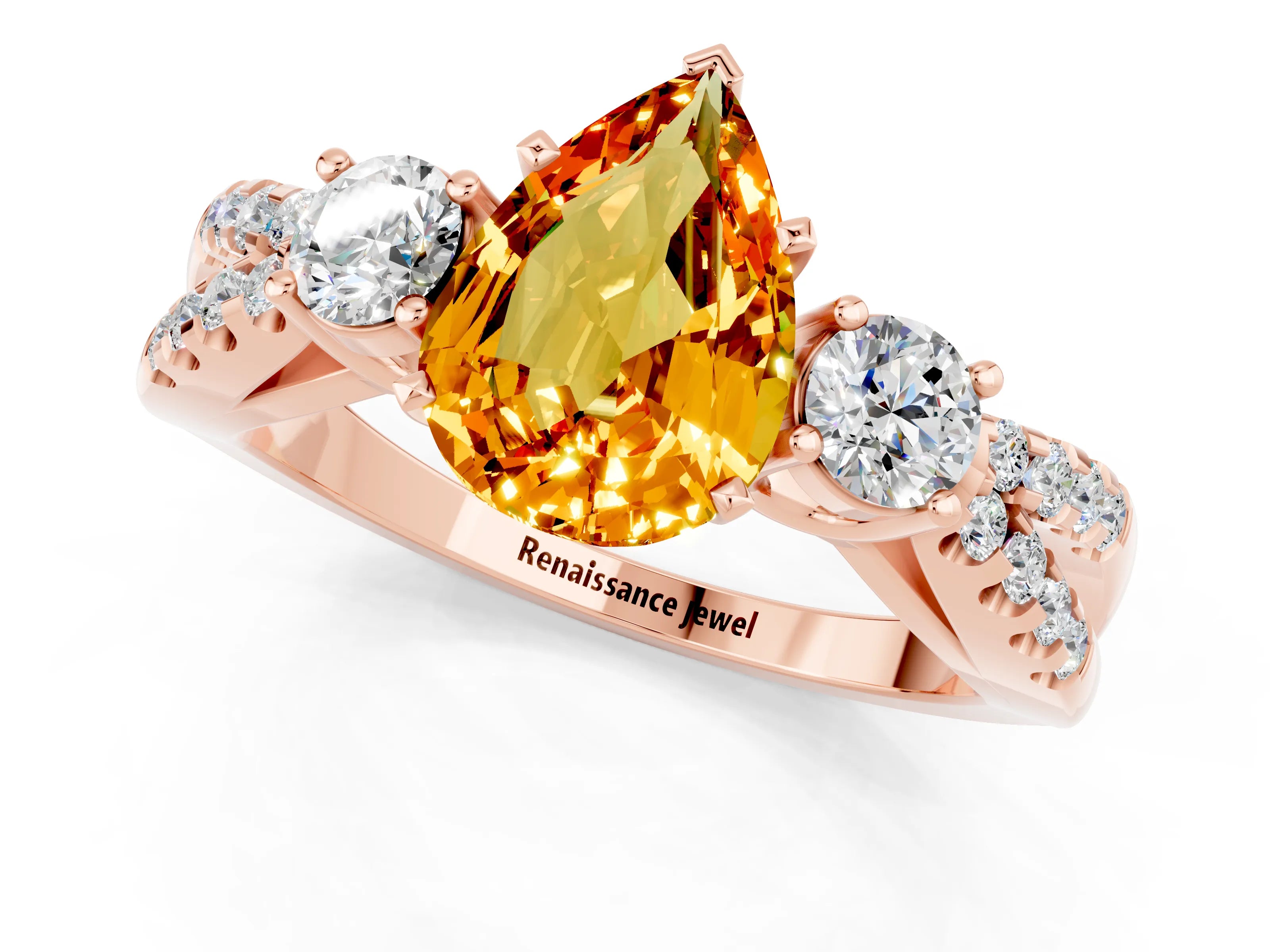 Rose gold Pear Cut Citrine Three-Stone Ring with Pavé Split Shank and Four-Prong Setting_13