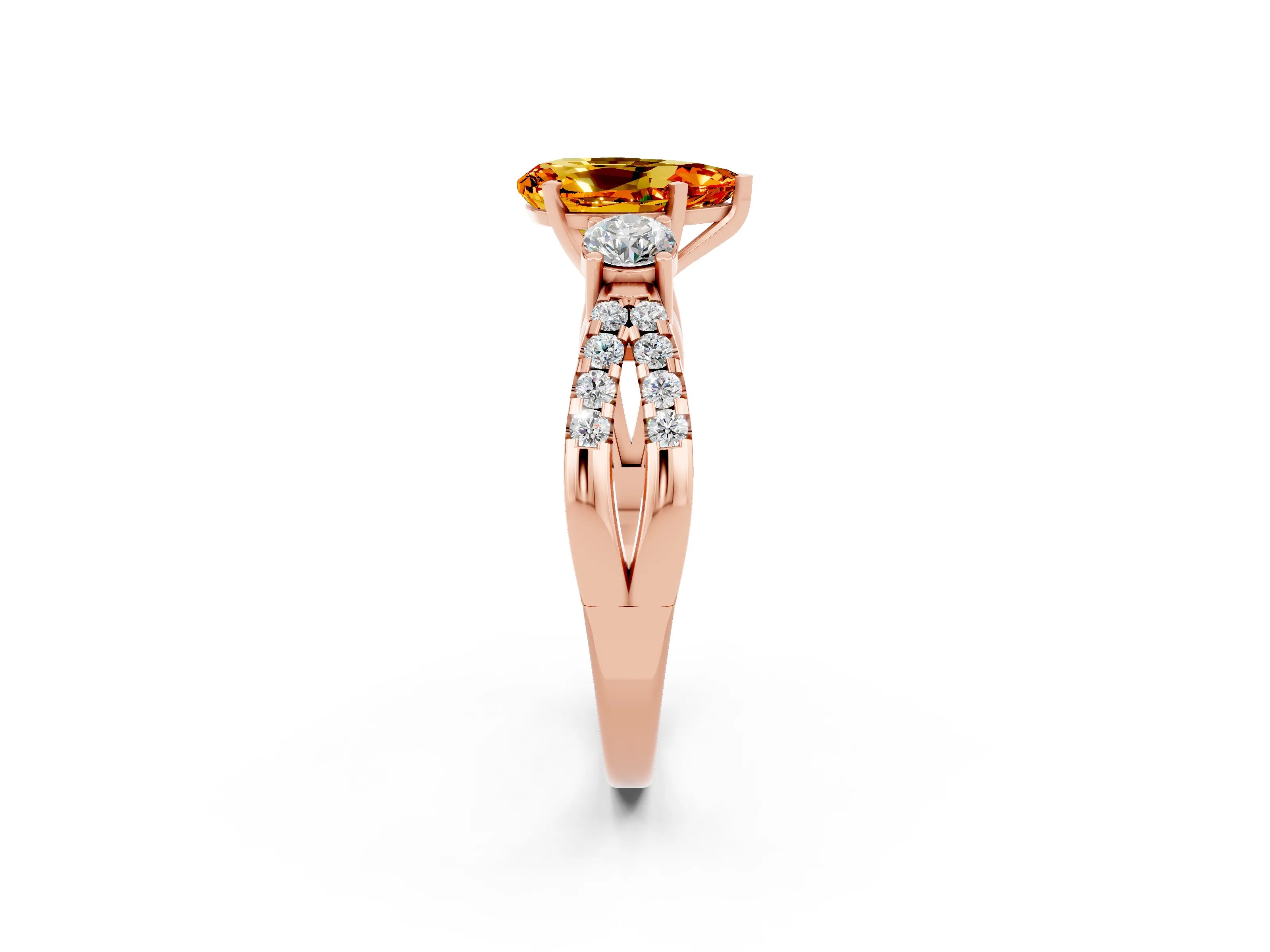 Rose gold Pear Cut Citrine Three-Stone Ring with Pavé Split Shank and Four-Prong Setting_14