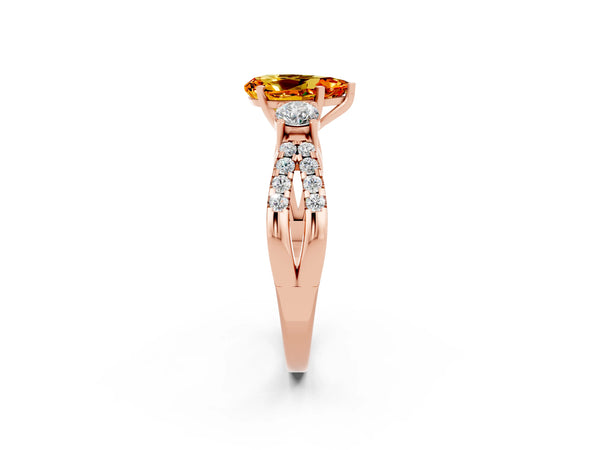 Rose gold Pear Cut Citrine Three-Stone Ring with Pavé Split Shank and Four-Prong Setting