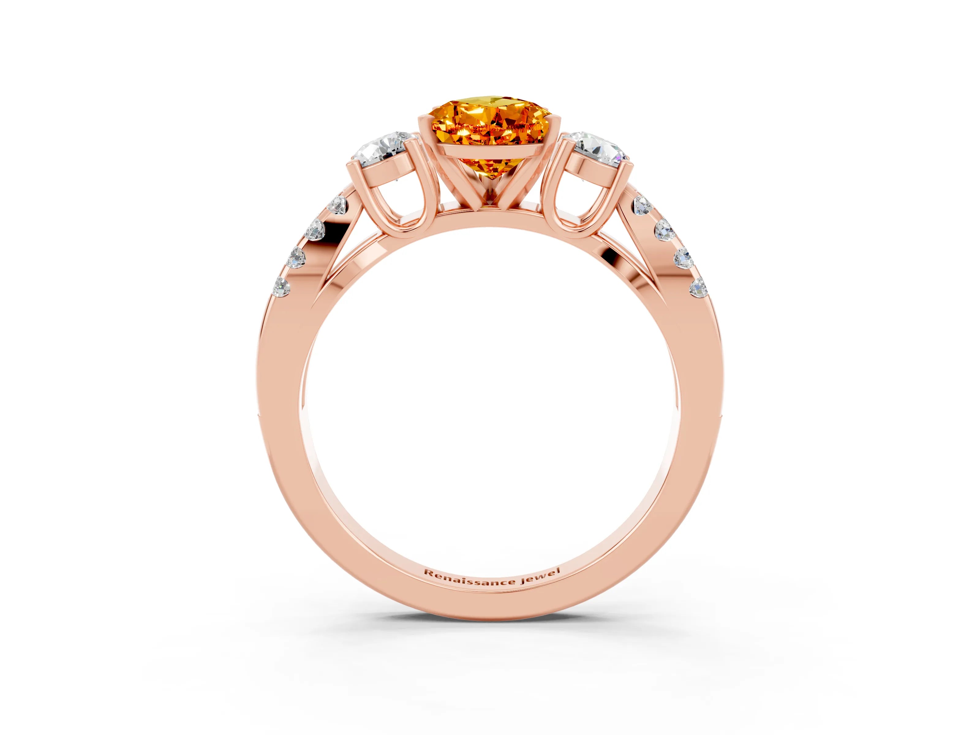 Rose gold Pear Cut Citrine Three-Stone Ring with Pavé Split Shank and Four-Prong Setting_15