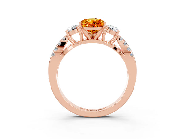 Rose gold Pear Cut Citrine Three-Stone Ring with Pavé Split Shank and Four-Prong Setting