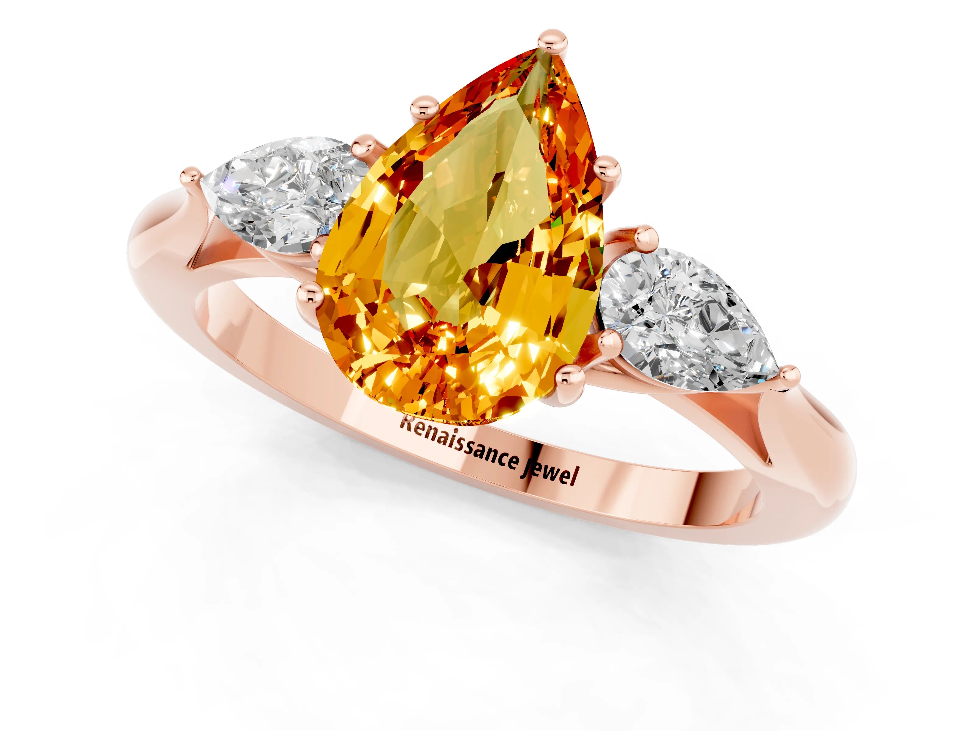 Rose gold Pear Cut Citrine Three-Stone Ring with Pear Side Stones and Four-Prong Setting_25